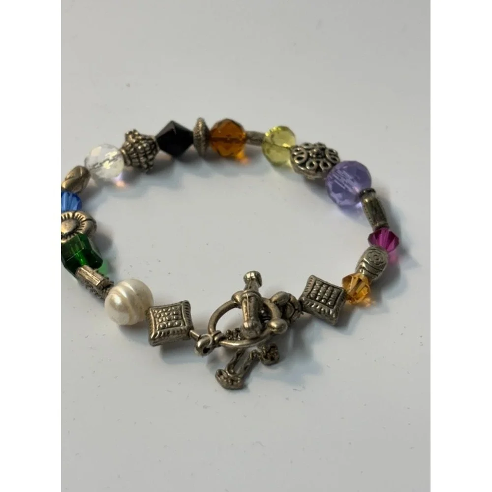 Y2K Charm Bracelet Silver Tone Purple‎ Green Yellow Beads Cross Crucifix